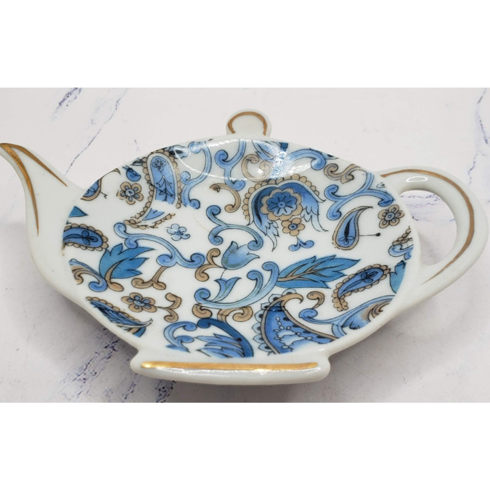 Vintage Lefton China Blue Flowers Tea Bag Holder/Spoon Rest 2354